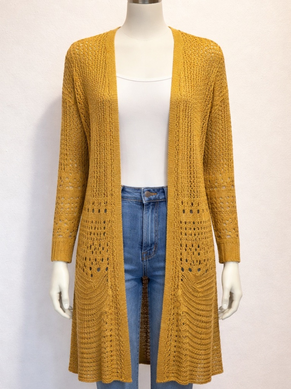 Mustard Yellow Open Knit Long Cardigan